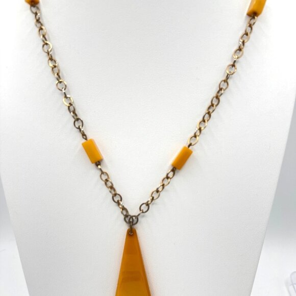 Vtg Butterscotch Bakelite Necklace Phenolic Resin Catalin Pendant Brass Tone Cha - Picture 1 of 10